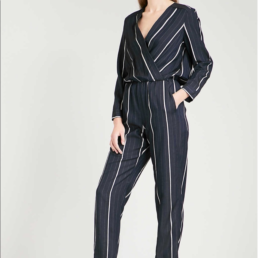 Maje Long Sleeve Navy Jumpsuit with Stipe Pattern